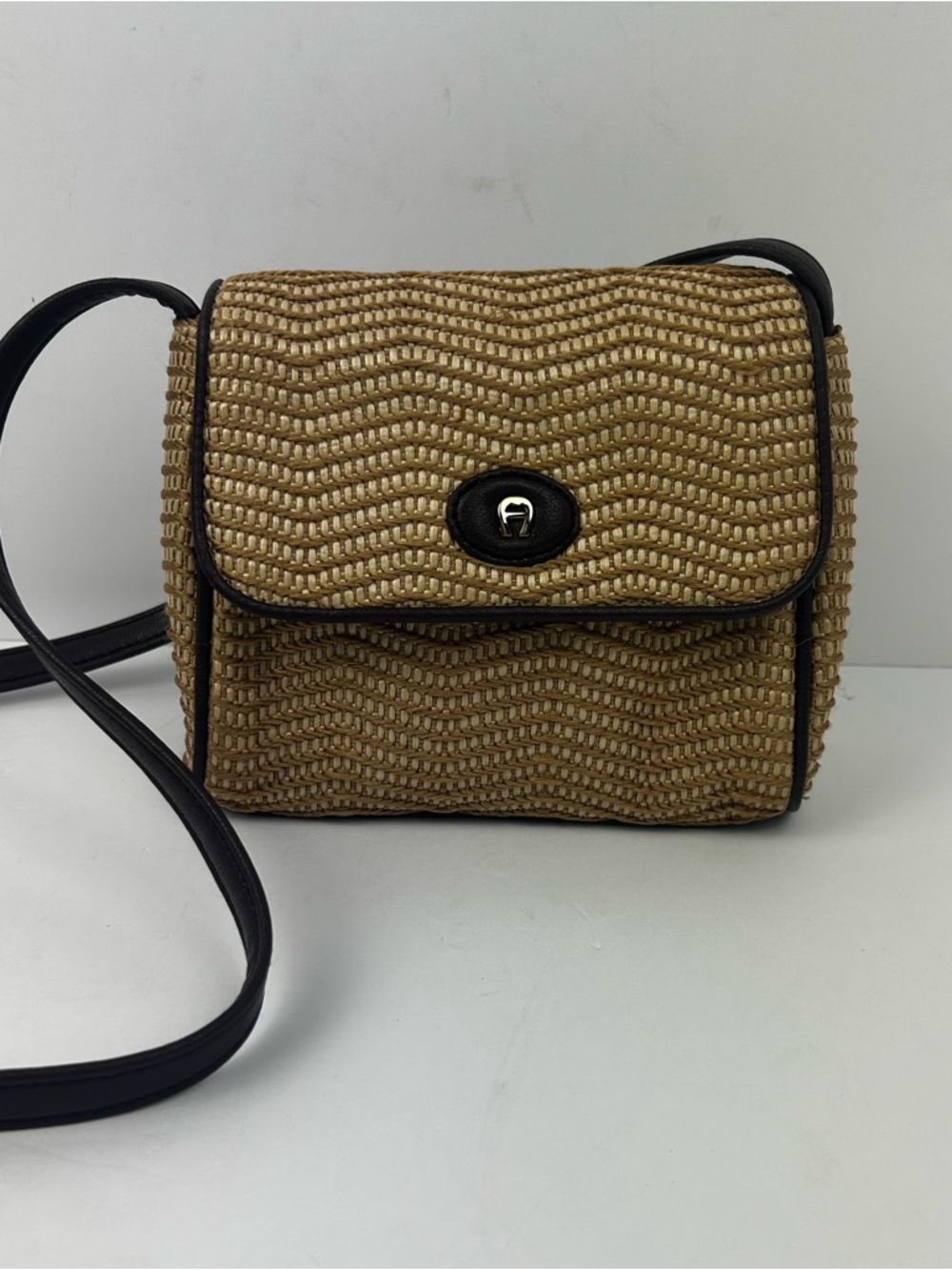Etienne Aigner Woven Straw Crossbody Bag with Black Trim horseshoe logo